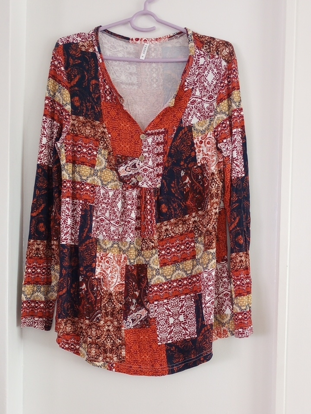 Cathy Boho Patchwork V-Neck Long Sleeve Top in Navy Orange Multicolor Size M